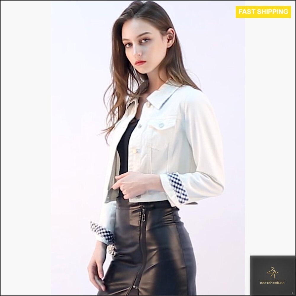 Cropped Denim Jacket Button Down Gingham Patchwor… - image 6